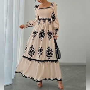 Elegant Black and Cream Embroidered Maxi Dress